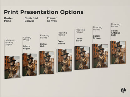Various print presentation options are shown. This includes poster prints and stretched canvases. Framed canvases in black brown antique gold oak and white are also available. All feature the Venice Carnival gold costume art.