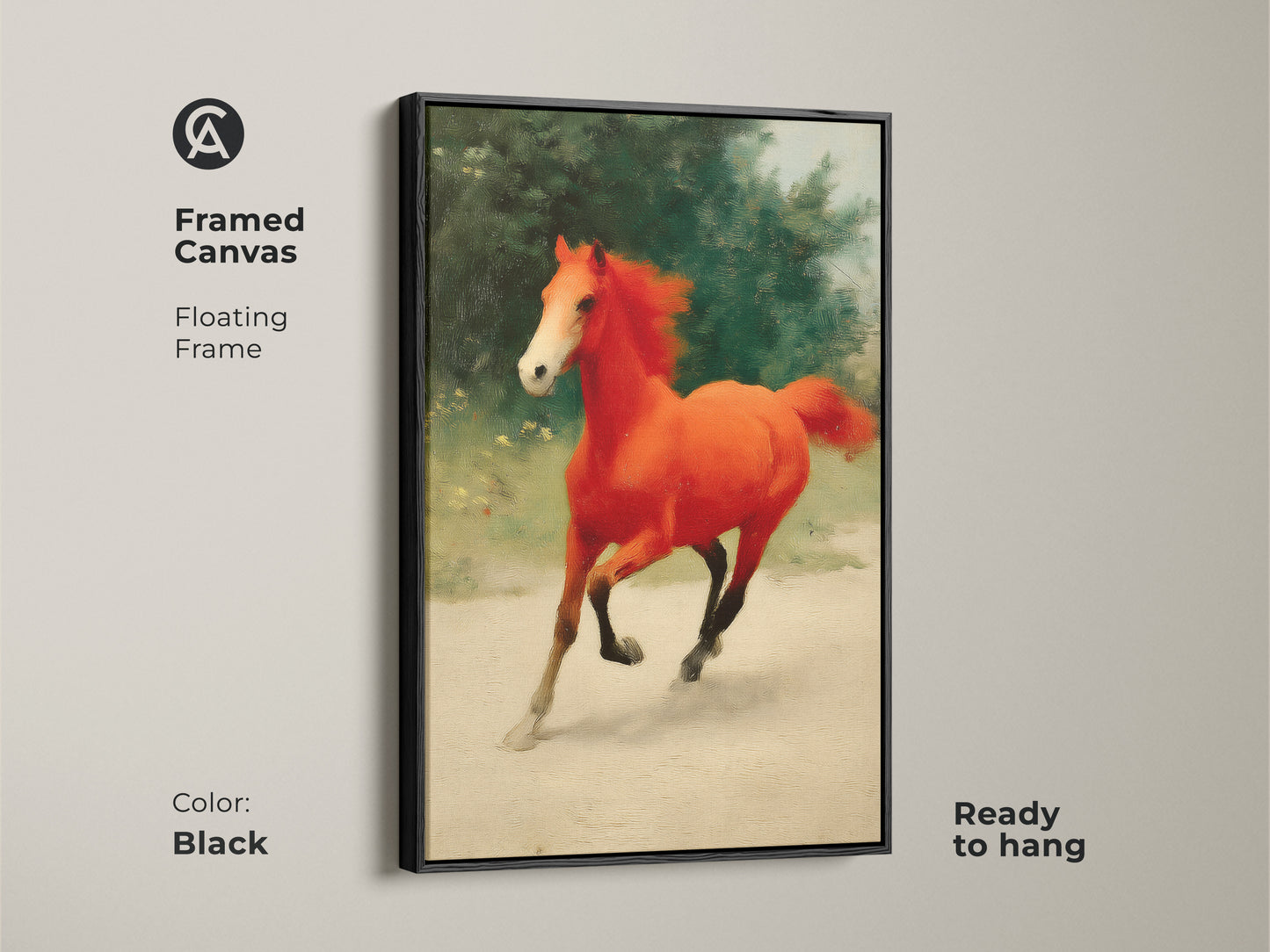 Framed canvas of a galloping orange horse. The equine artwork features a floating black frame. This contemporary horse artwork is ready to hang. It adds bold color and energy to any space. Ideal for horse lovers and eclectic decor.