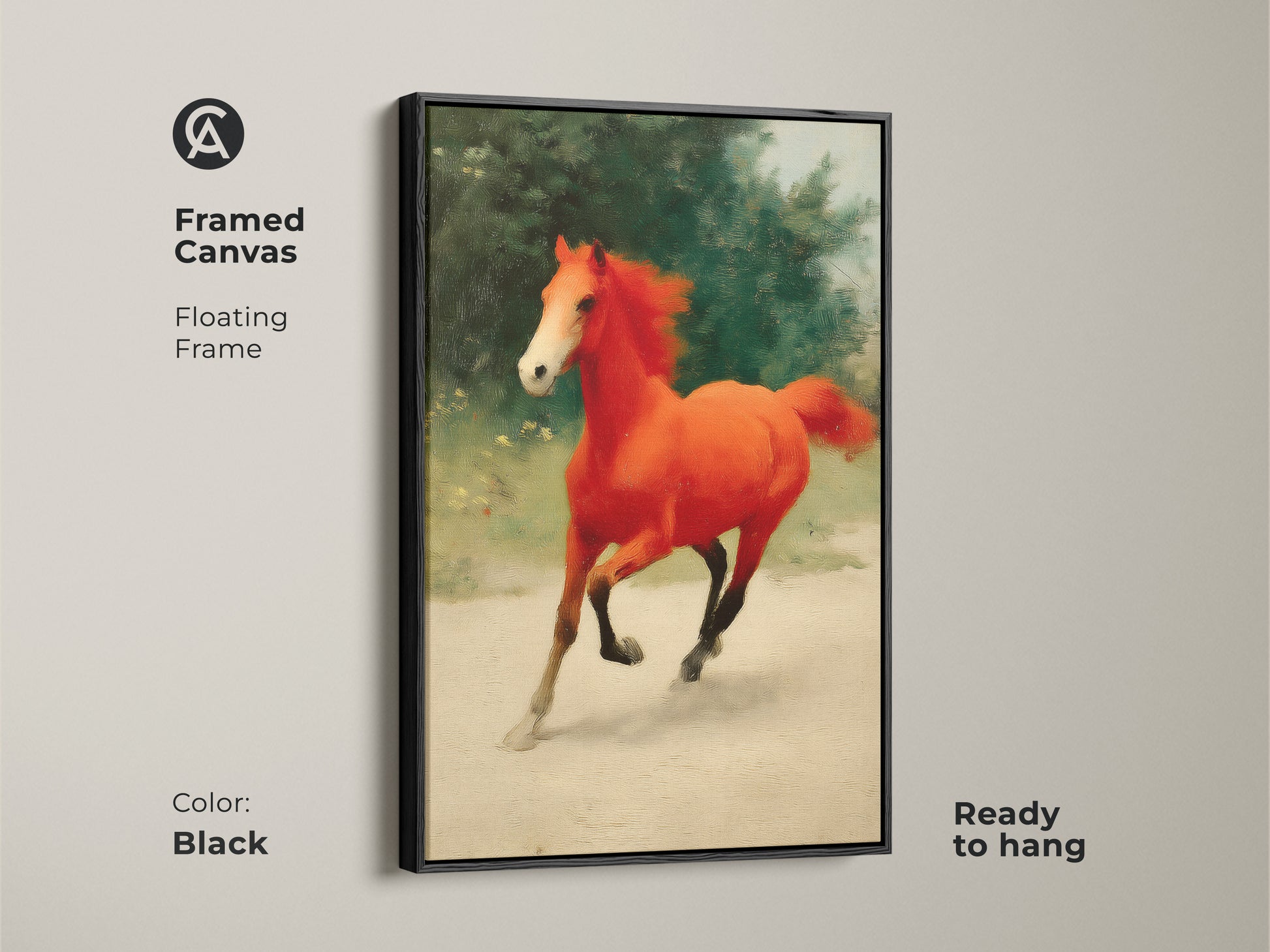 Framed canvas of a galloping orange horse. The equine artwork features a floating black frame. This contemporary horse artwork is ready to hang. It adds bold color and energy to any space. Ideal for horse lovers and eclectic decor.