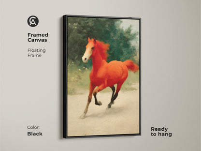 Framed canvas of a galloping orange horse. The equine artwork features a floating black frame. This contemporary horse artwork is ready to hang. It adds bold color and energy to any space. Ideal for horse lovers and eclectic decor.
