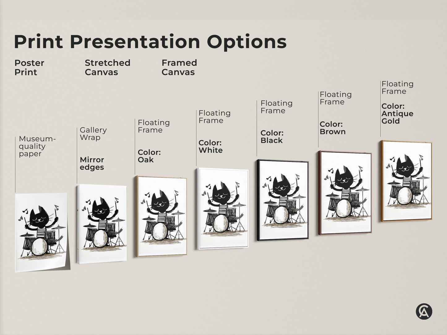 Print presentation options for the cat playing drums artwork. Options include poster print stretched canvas and framed canvas. Various frame colors available. Perfect for any decor style and ready to hang.