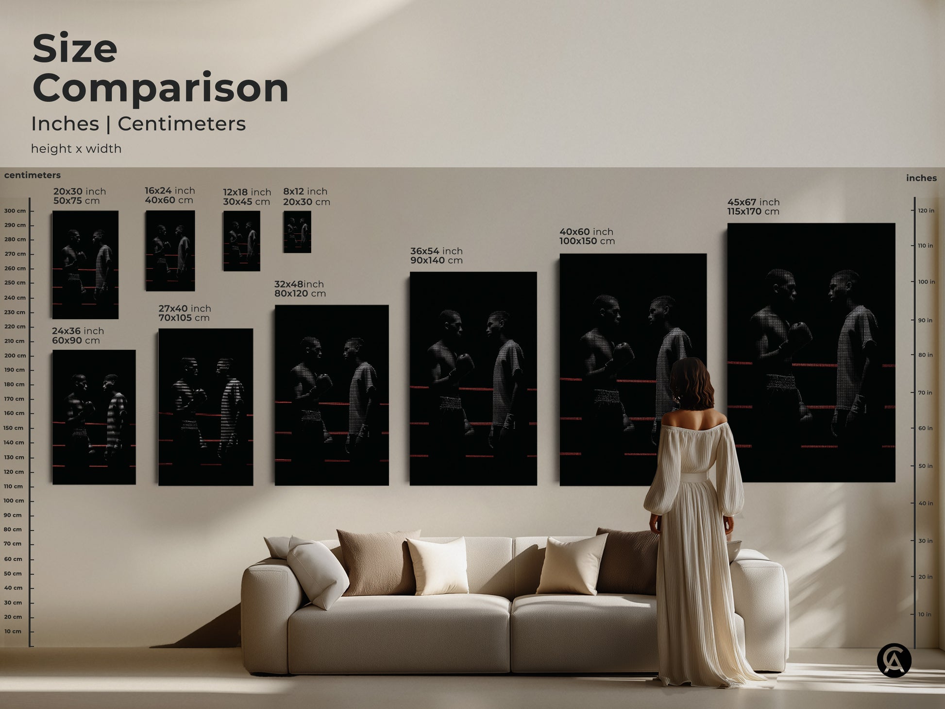 Size comparison of minimalist boxing art print in various dimensions. Visualize how this black and white canvas art fits above your sofa. The motivational boxer artwork is perfect for industrial and loft decor. Great wall art for combat sports lover. Enhance your space with striking monochrome art.