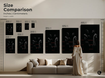 Size comparison of minimalist boxing art print in various dimensions. Visualize how this black and white canvas art fits above your sofa. The motivational boxer artwork is perfect for industrial and loft decor. Great wall art for combat sports lover. Enhance your space with striking monochrome art.