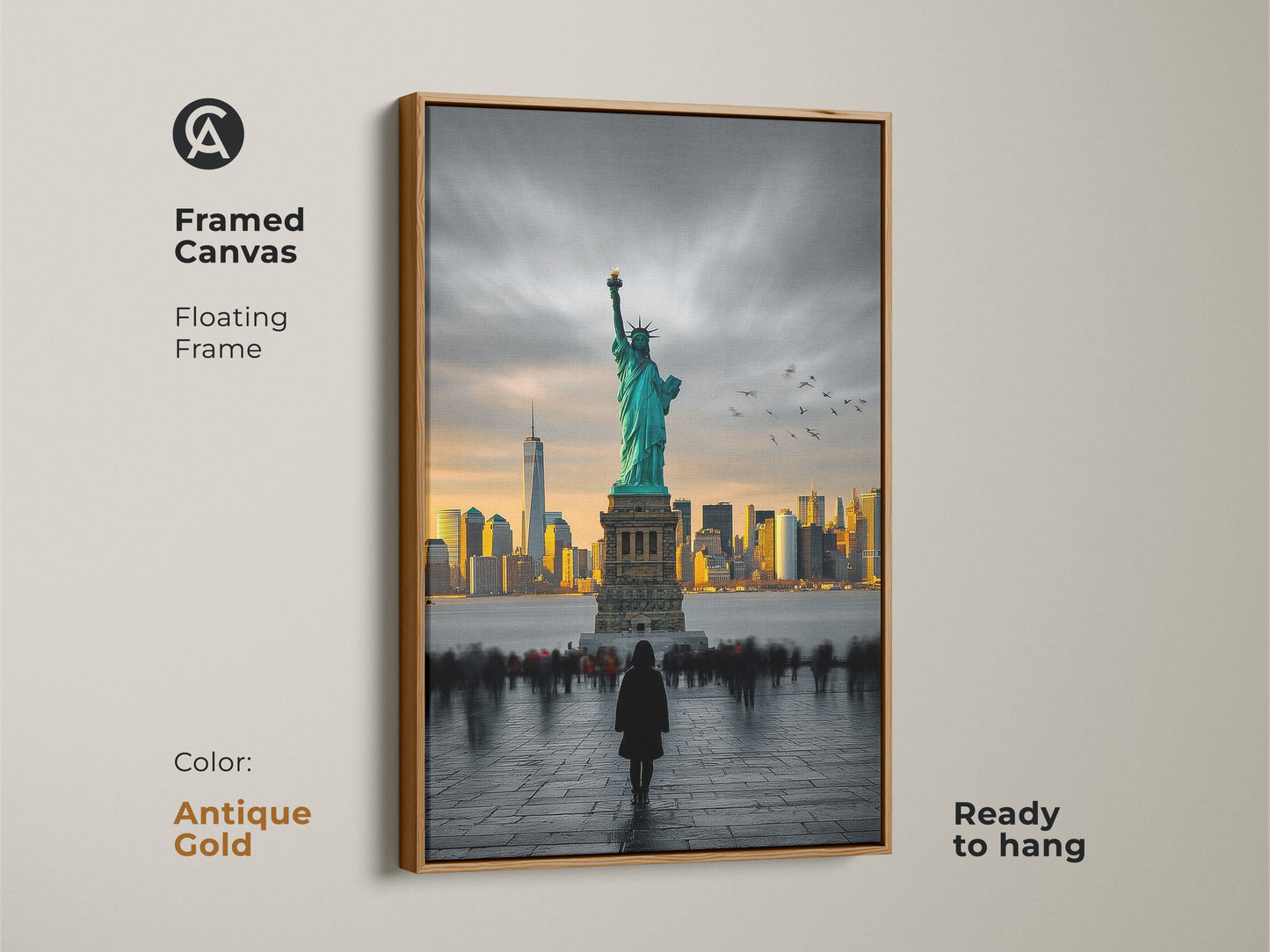 The framed canvas features the Statue of Liberty in a floating antique gold frame. The turquoise and gold artwork highlights the New York City skyline. Ready to hang this contemporary piece enhances any room. This cityscape photography is perfect for sophisticated wall decor. It makes a great gift for NYC expats.