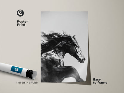 A black and white galloping horse canvas print. The equine wall art decor comes as a poster print. It's easy to frame and ships rolled in a tube. This modern horse painting is ideal for contemporary bedroom art. Showcases a dynamic animal wildlife canvas for horse lovers.