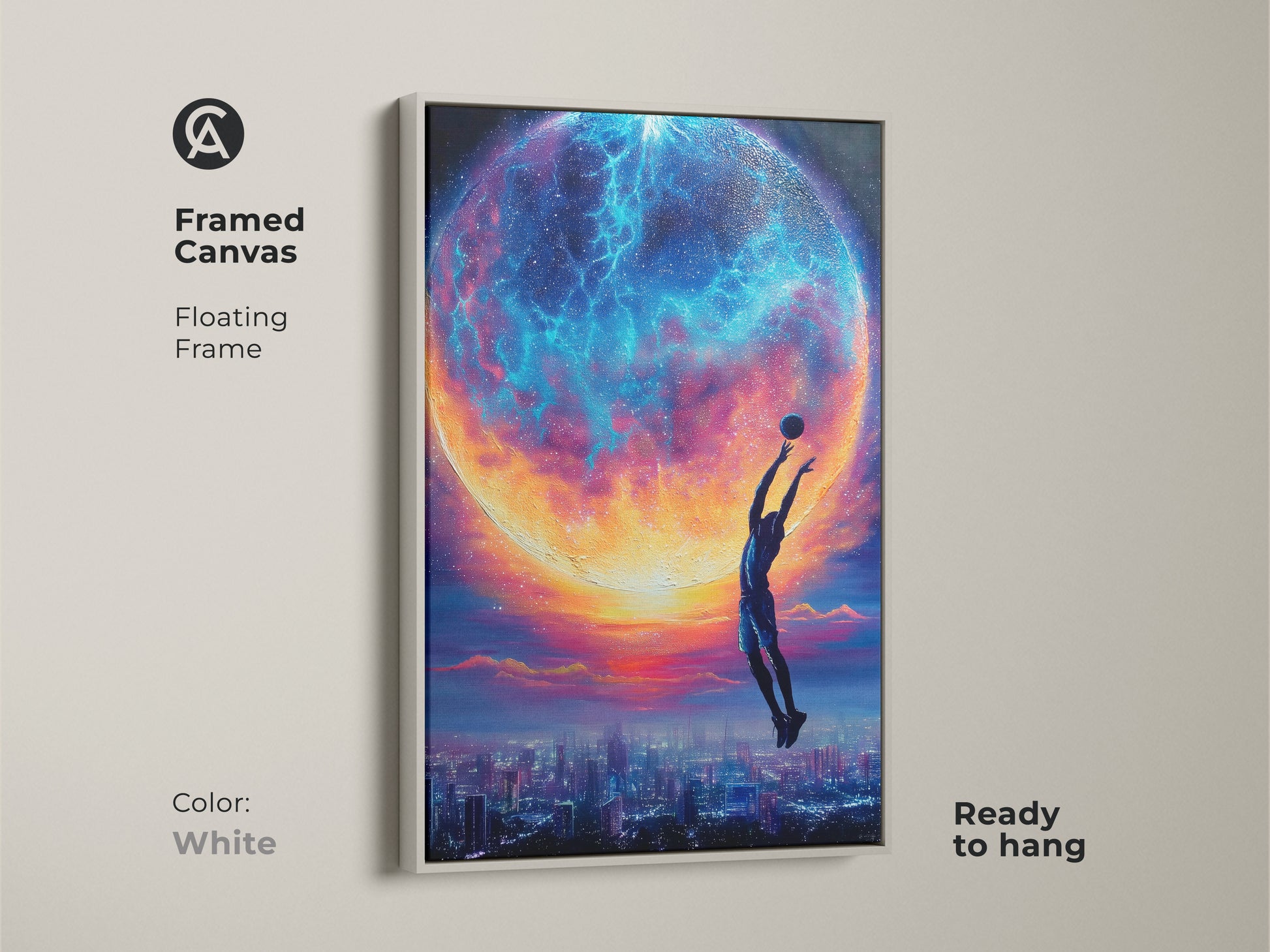 This framed canvas highlights surrealism wall decor. The floating frame is in white. The celestial basketball art captivates attention. Its unique wall hanging will complement any home decor. The piece is a mix of modern fantasy artwork and cosmic city skyline. A great gift for basketball fans.