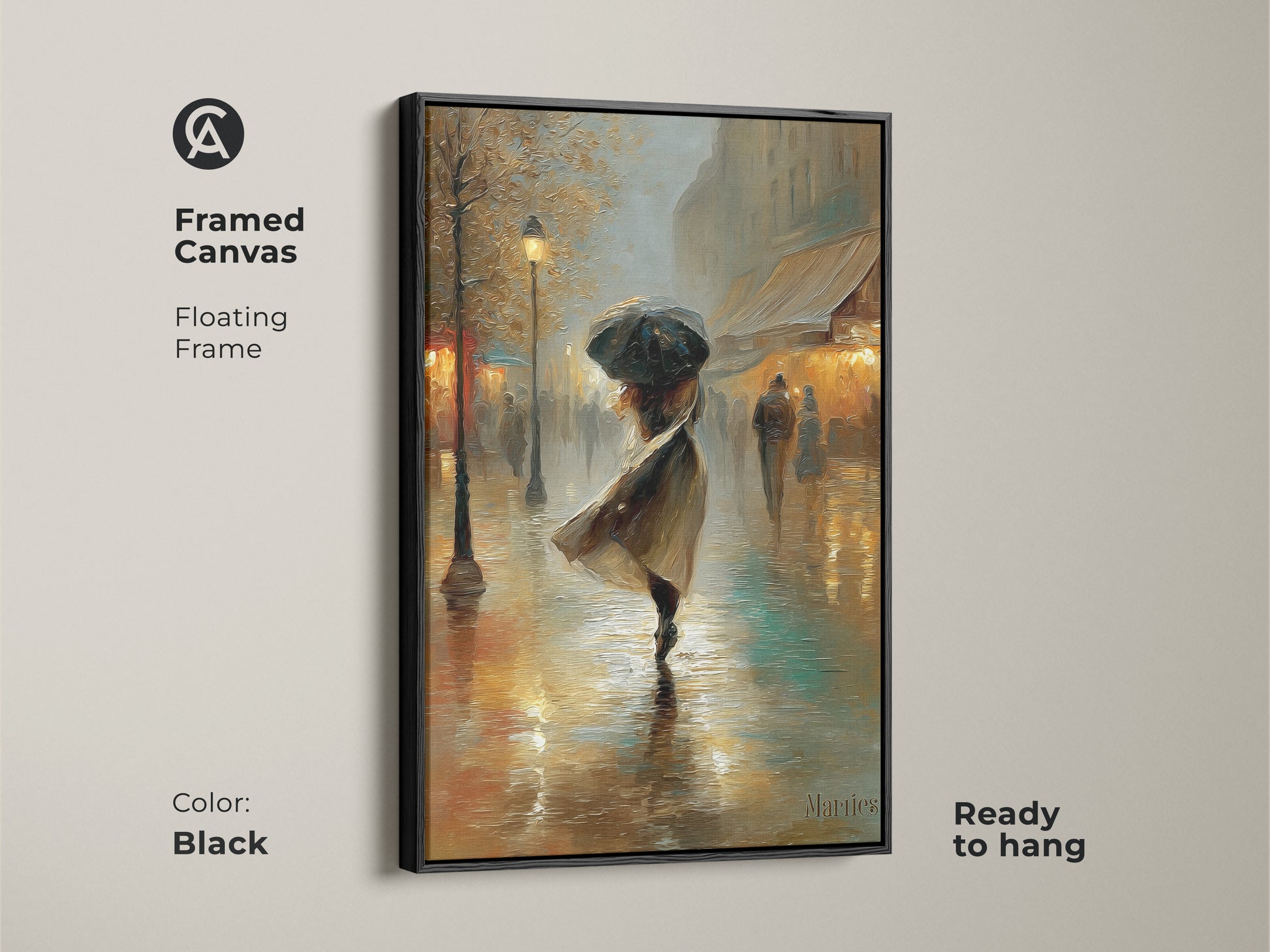 This framed canvas features a Parisian street scene with a woman and umbrella. The floating frame enhances the impressionist gold and teal artwork. This black framed canvas is ready to hang. It brings a romantic and sophisticated ambiance to any room. A perfect piece of art for an entry hall wall.