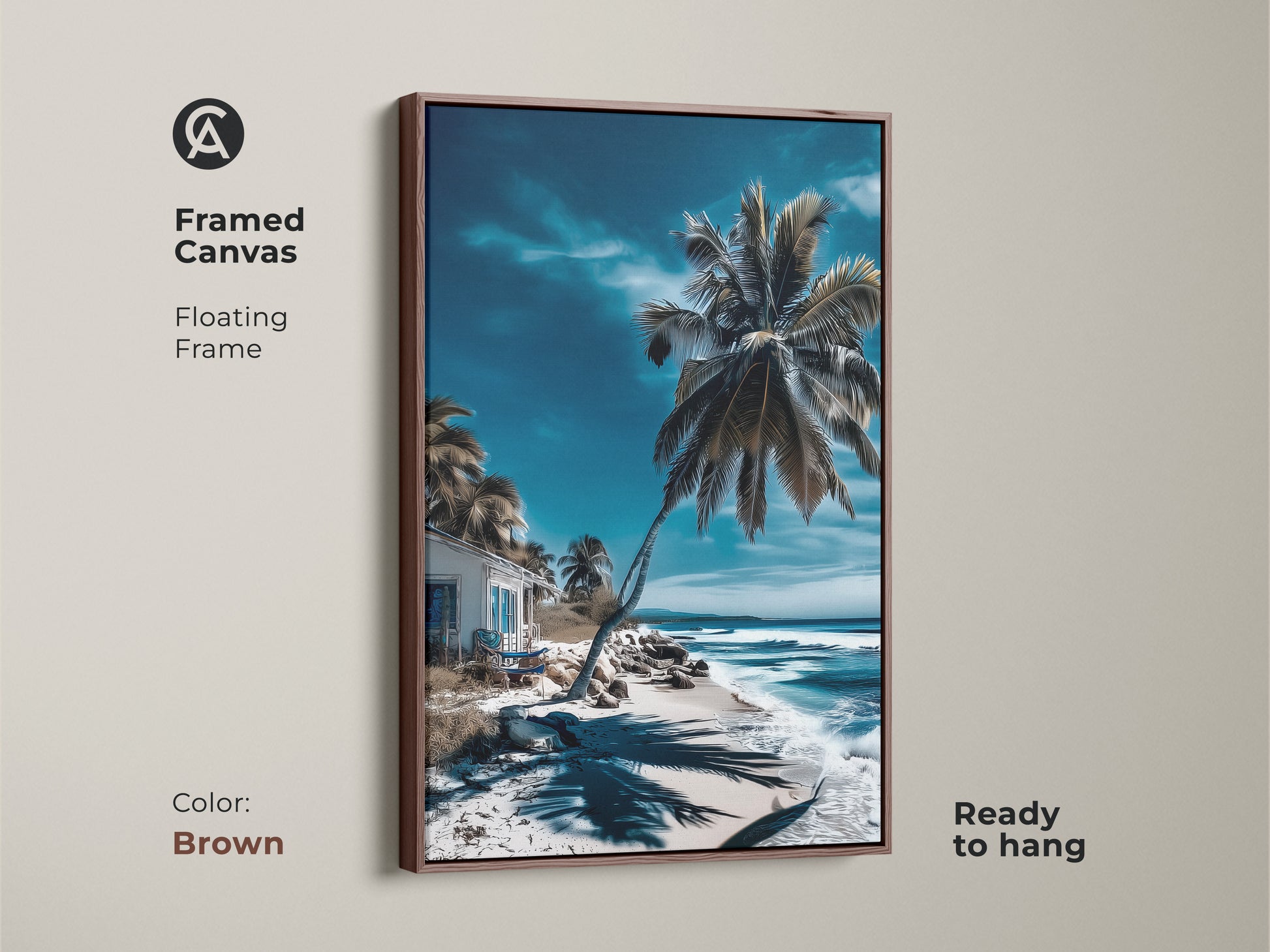 Framed canvas artwork with a brown floating frame. The beach scene features a palm tree and turquoise ocean. The artwork is ready to hang. This framed art adds coastal charm to any room.