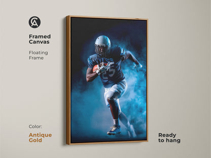 An antique gold frame highlights this canvas art of a football player in action. The navy and white sports print is ready to hang. This motivational art is perfect for a man cave or office. It's an ideal gift for the sports enthusiast.