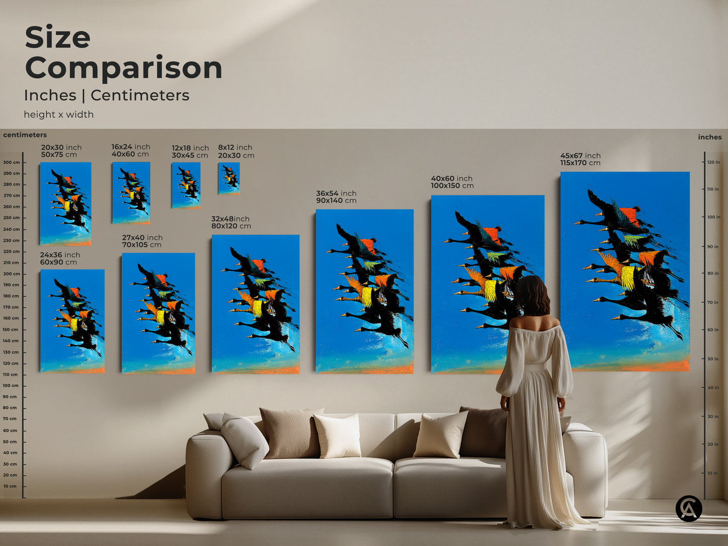 Size comparison of abstract flying birds canvas. View the artwork in sizes from 8x12 to 45x67 inches. This colorful abstract painting shows how to use it in your space.