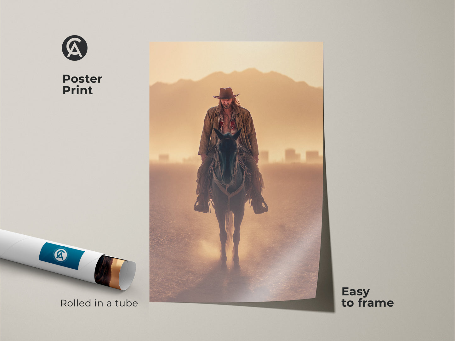 Poster print of a photorealistic cowboy riding horseback. Rolled in a tube and easy to frame for versatile western decor. Featuring a goldenrod orange tan landscape. This rustic western artwork adds adventure to any space. Ideal for a Father's Day cowboy gift.