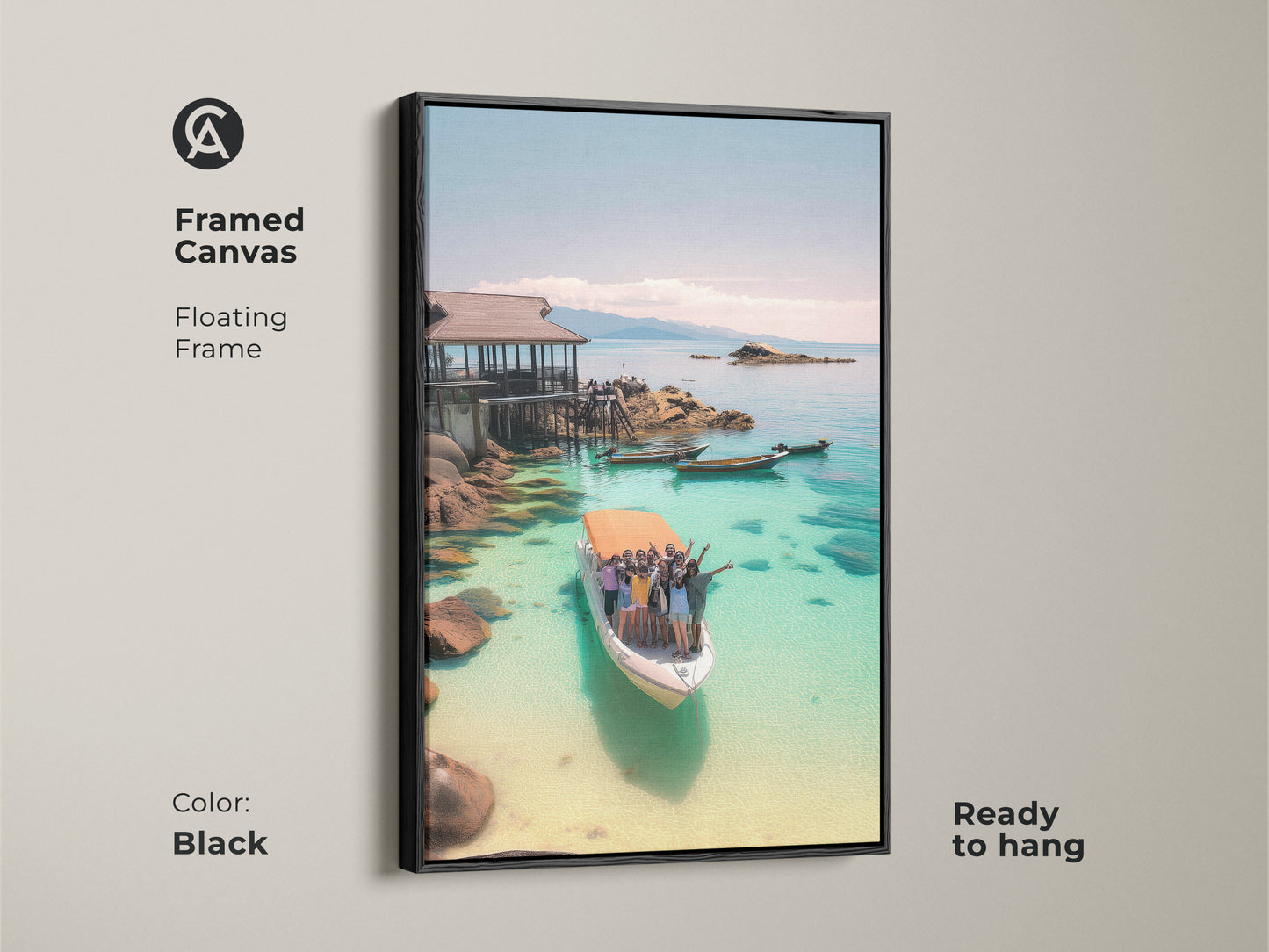 Framed Canvas with Black Floating Frame. Turquoise Ocean Boat Art Print. Ready to hang. This coastal home decor art features a tropical vacation scene. The photography captures clear water and a boat trip with people.