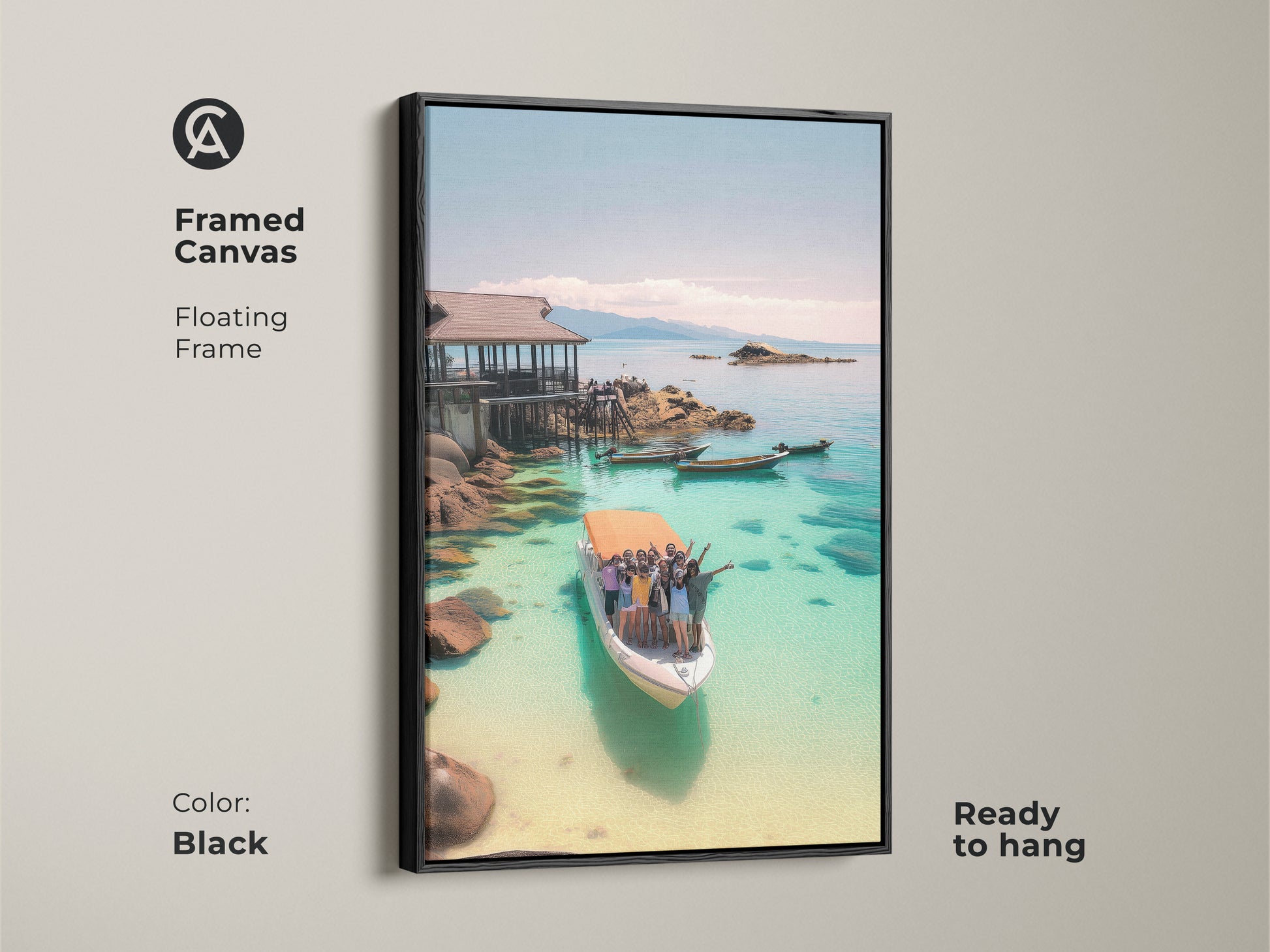 Framed Canvas with Black Floating Frame. Turquoise Ocean Boat Art Print. Ready to hang. This coastal home decor art features a tropical vacation scene. The photography captures clear water and a boat trip with people.