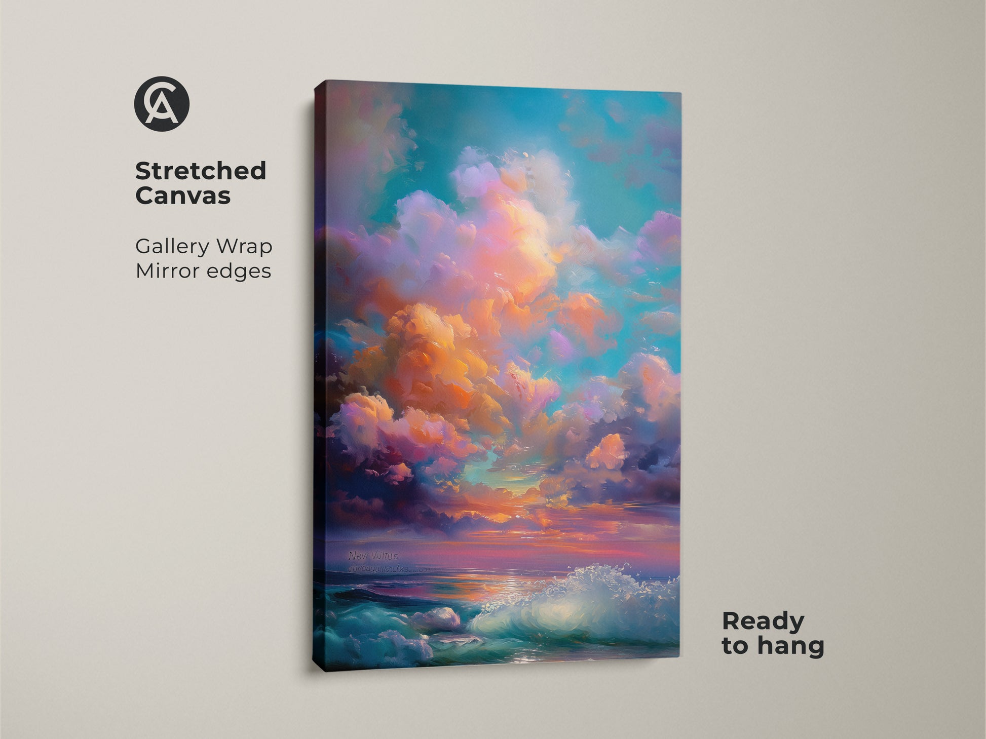 Stretched canvas of an impressionistic ocean wave artwork. Teal orange and purple sky artwork is ready to hang. The gallery wrap and mirror edges enhance this boho beach house decor.