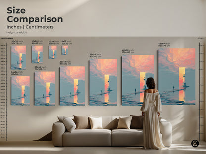 This size comparison visual represents the canvas art in inches and centimeters. A size range from 20x30 cm to 115x170 cm is shown. The surreal artwork sizes are displayed above a couch with a woman standing to give perspective in this size comparison.