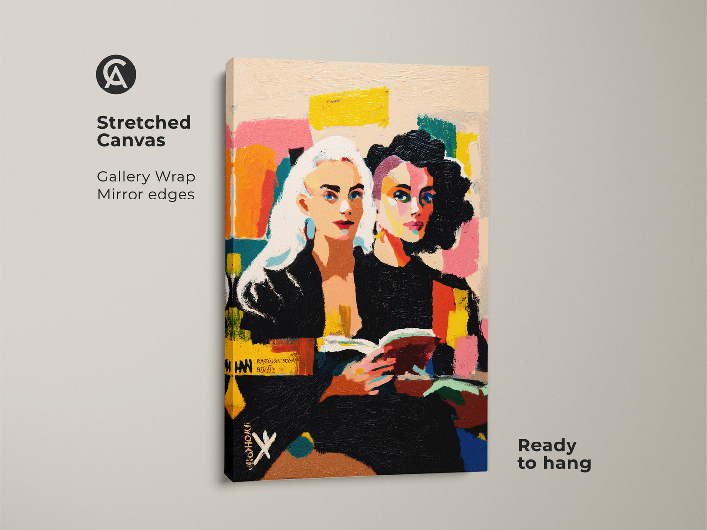 Stretched canvas abstract portrait art of two women reading. Its gallery-wrapped with mirror edges and ready to hang. This expressive figurative art adds a contemporary touch. It’s a unique eclectic home decor print. Perfect as a book lover birthday gift. Bold colors and vibrant yellows.
