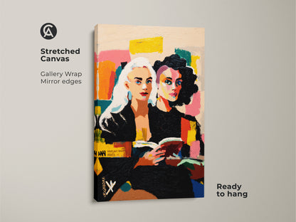 Stretched canvas abstract portrait art of two women reading. Its gallery-wrapped with mirror edges and ready to hang. This expressive figurative art adds a contemporary touch. It’s a unique eclectic home decor print. Perfect as a book lover birthday gift. Bold colors and vibrant yellows.