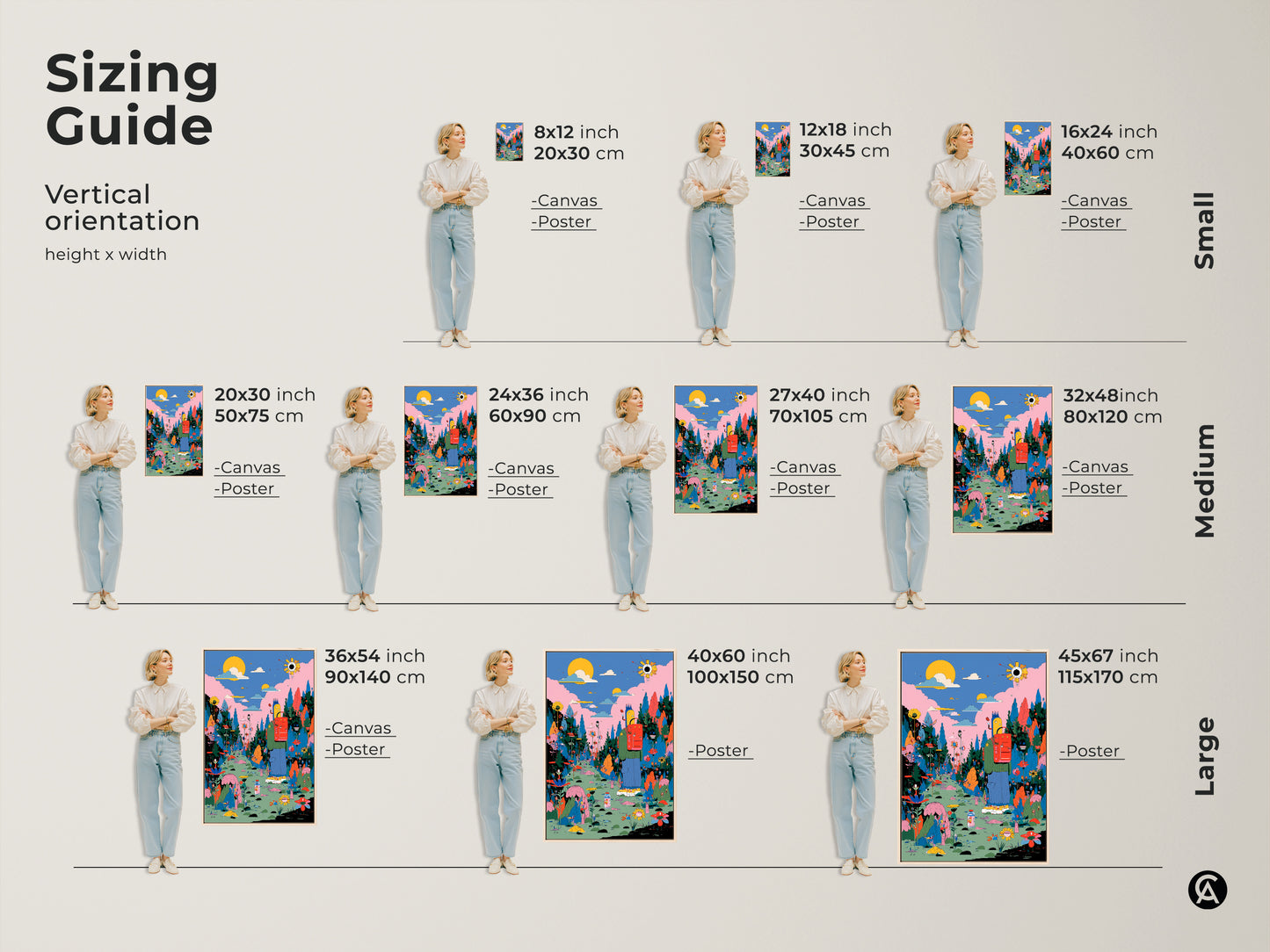 Sizing guide for vertical artwork. Visualize the artwork in various sizes from small to large. Options include canvas and poster prints. See how the art fits in different spaces and choose the perfect size. Enhance your home with this colorful piece of fantasy artwork.