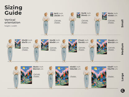 Sizing guide for vertical artwork. Visualize the artwork in various sizes from small to large. Options include canvas and poster prints. See how the art fits in different spaces and choose the perfect size. Enhance your home with this colorful piece of fantasy artwork.