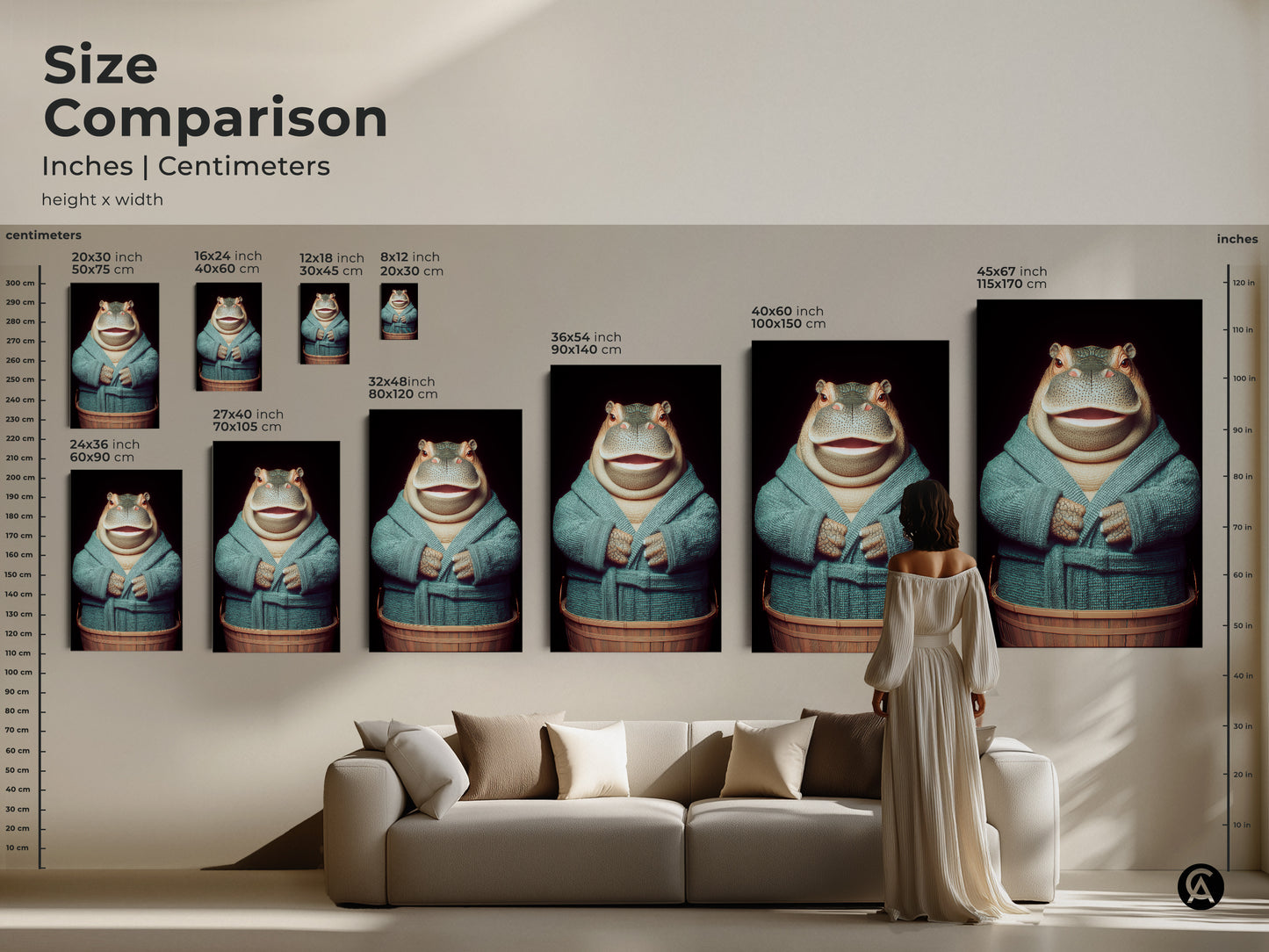 A size comparison shows the inches and centimeters. Canvas and poster print are an option for each size. This artwork features a hippo in a robe. It's a unique canvas art piece. The hippo is ready for bath time. Sophisticated animal art for your home. This will add character to your decor.