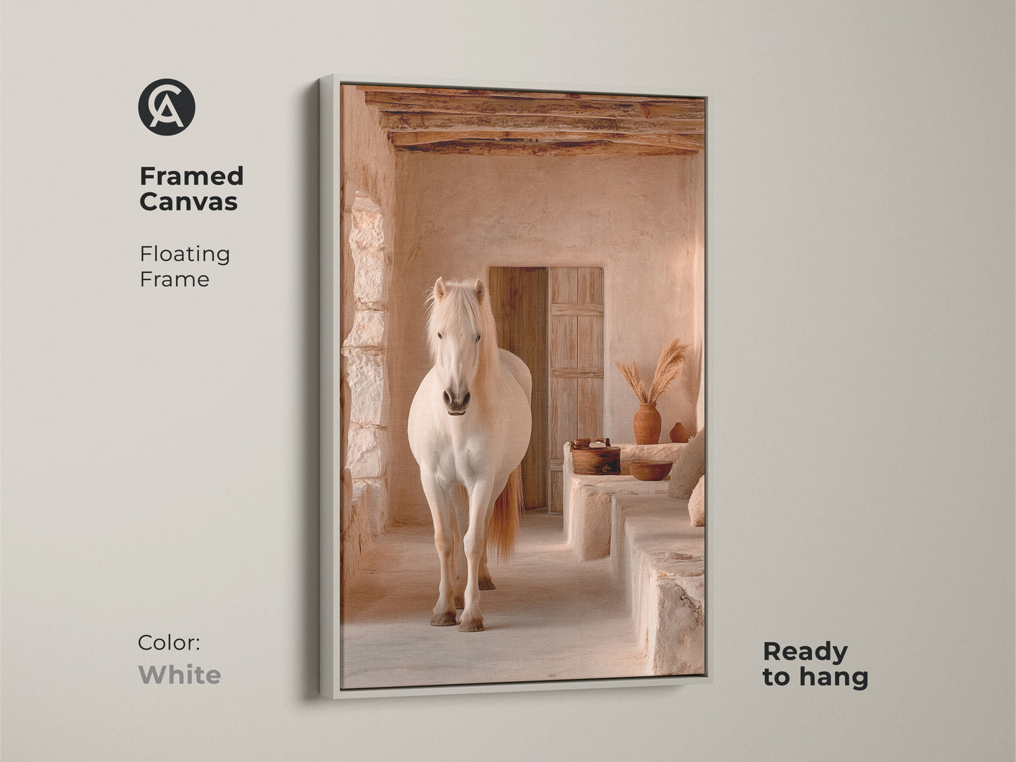 White framed canvas art print. A cream tan beige horse set within a rustic interior. This boho horse wall art is ready to hang. The floating frame adds a clean look to this animal nature artwork. Perfect for a modern neutral interior.