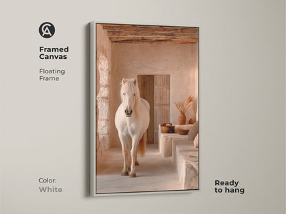 White framed canvas art print. A cream tan beige horse set within a rustic interior. This boho horse wall art is ready to hang. The floating frame adds a clean look to this animal nature artwork. Perfect for a modern neutral interior.
