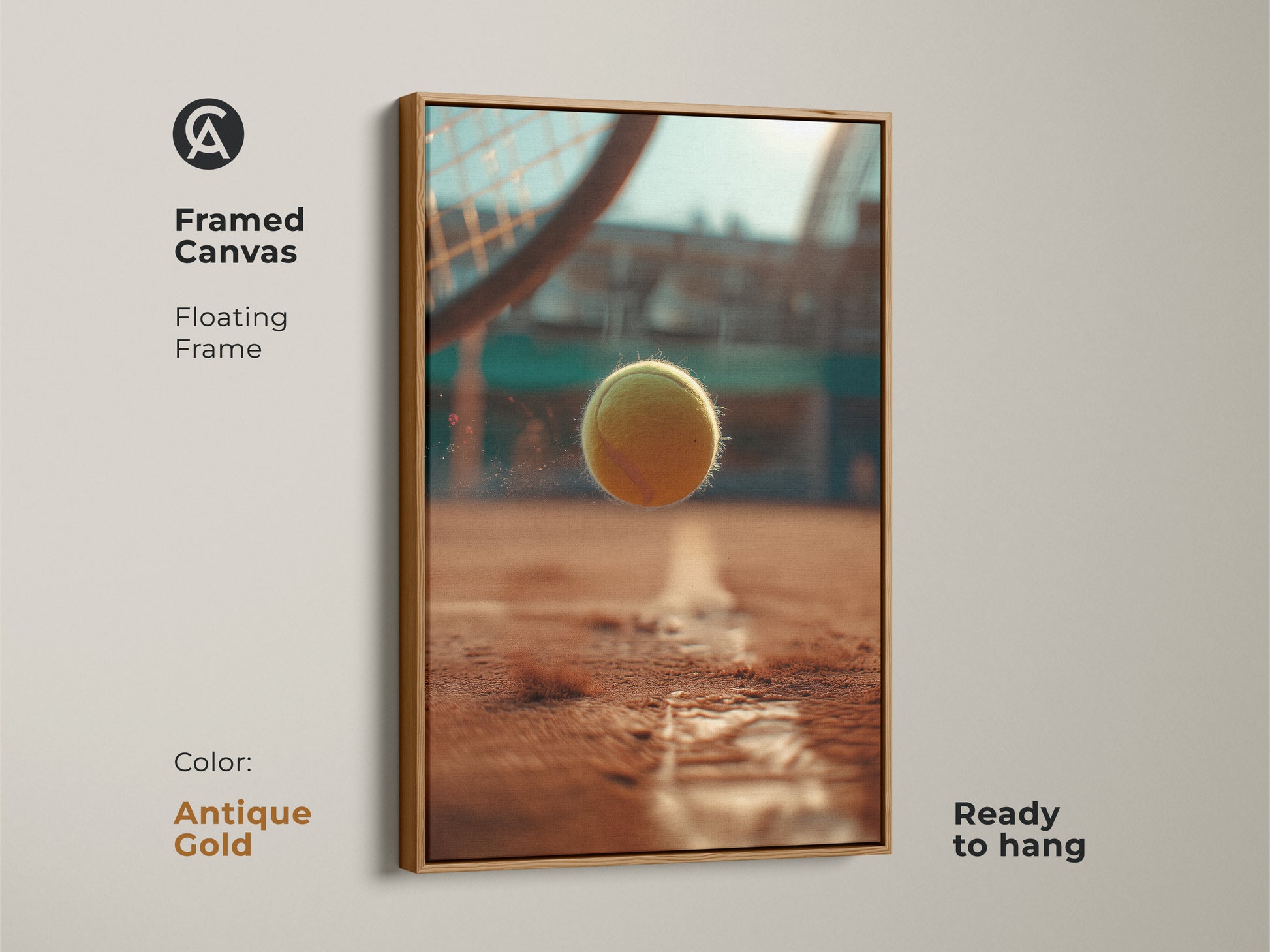 Antique gold framed canvas of a tennis ball. This artwork is ready to hang. The floating frame adds elegance to the dynamic image. A tennis ball is captured mid-motion above the court line. Enhance your space with this unique sports-themed art.