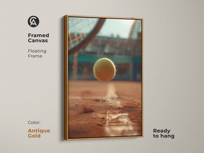 Antique gold framed canvas of a tennis ball. This artwork is ready to hang. The floating frame adds elegance to the dynamic image. A tennis ball is captured mid-motion above the court line. Enhance your space with this unique sports-themed art.