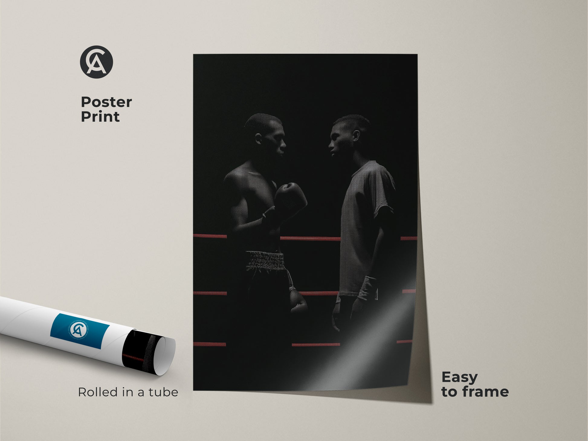 Poster print of minimalist boxing art rolled in a tube. The black and white canvas artwork features two boxers in a boxing ring. Easy to frame this motivational boxer wall art adds an industrial touch. Perfect for office workspace art or sports enthusiast wall decor. A unique gift for boxing fans.