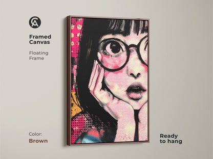 Brown framed canvas featuring anime girl portrait art. This retro pop art canvas is great for eclectic bedroom decor. The hot pink and yellow hues will brighten any space. This unique birthday gift idea is perfect for anime fans. This graphic art print is a bold artistic statement.