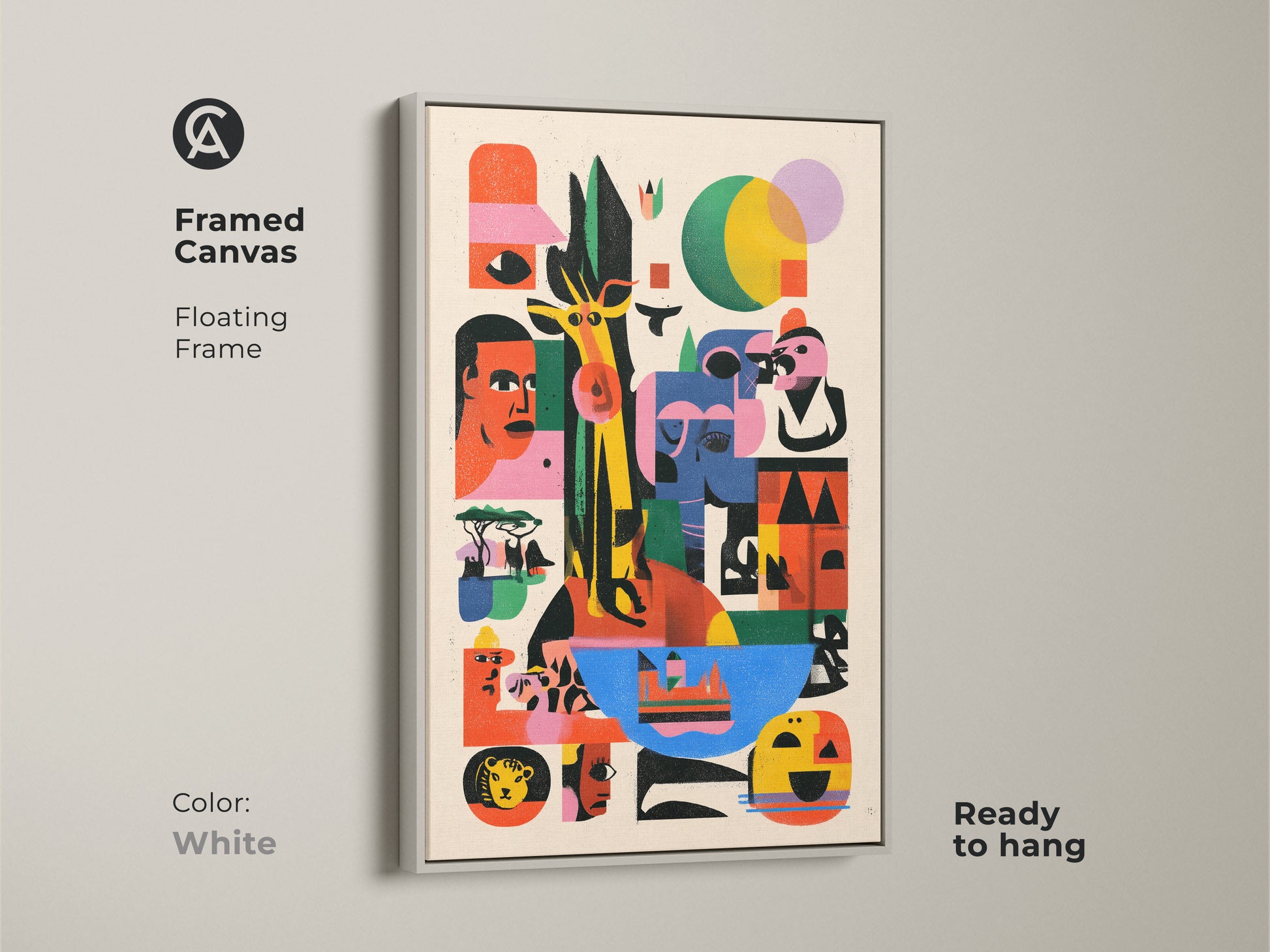 Check out this framed canvas featuring a modern folk art print. This abstract giraffe and lion artwork has a white floating frame. The colorful animal wall decor will brighten any room. This geometric abstract art is ready to hang.