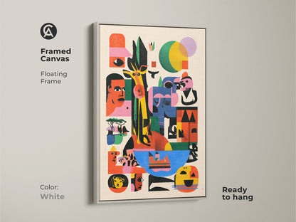 Check out this framed canvas featuring a modern folk art print. This abstract giraffe and lion artwork has a white floating frame. The colorful animal wall decor will brighten any room. This geometric abstract art is ready to hang.