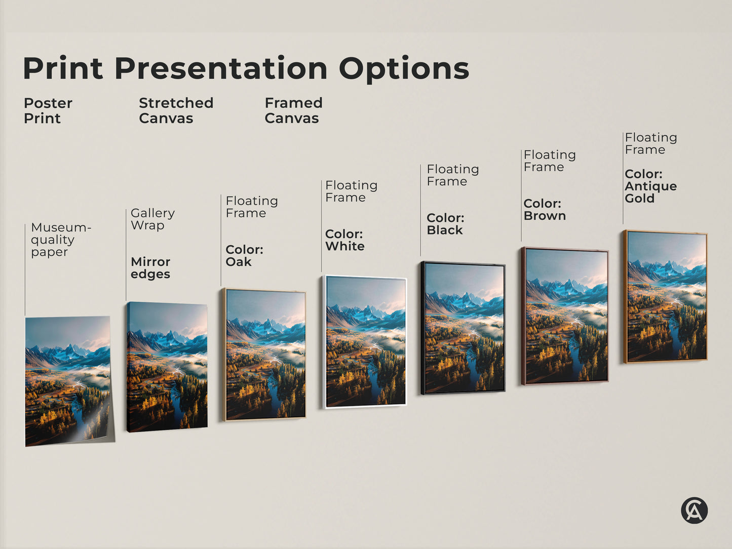 Explore our print presentation options including poster prints stretched canvas and framed canvas. Each features a stunning mountain river landscape. Find the perfect style to match your decor aesthetic. Shop our museum-quality art prints today