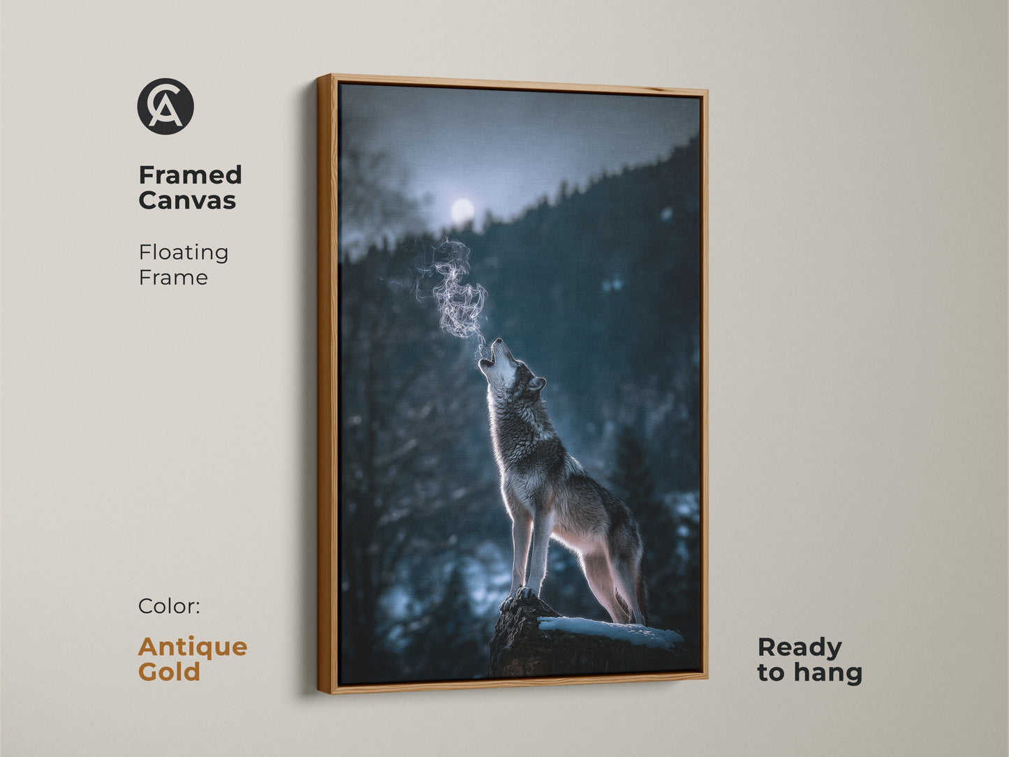 Framed canvas featuring a wolf howling at the moon. The floating frame is antique gold. The blue gray forest wildlife artwork is ready to hang. It adds a rustic touch to your home decor. This is an ideal gift for those who love nature and animals.