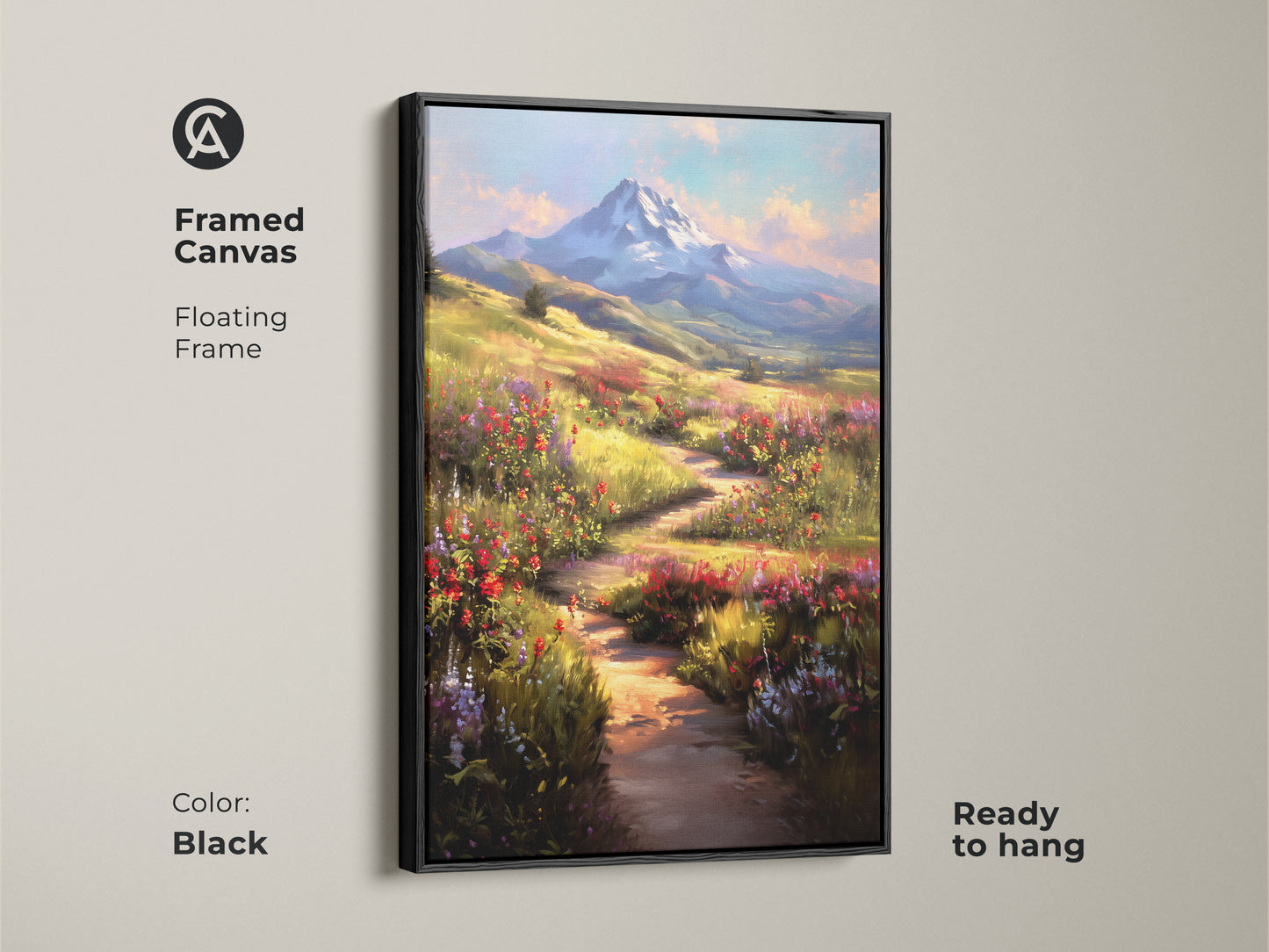 Framed canvas art displaying an impressionistic mountain landscape with wildflowers. The black floating frame enhances this blue yellow and green nature artwork. Ready to hang this scenic mountain view print brings the beauty of the outdoors inside. A perfect housewarming gift for art lovers.