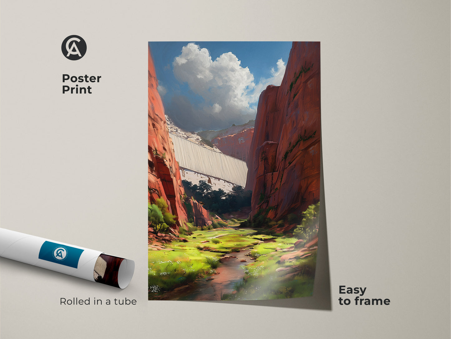 A poster print of the red canyon dam landscape is rolled in a tube. The nature artwork is easy to frame. This contemporary piece brings an outdoor adventure vibe indoors. It's a unique travel wall art gift.