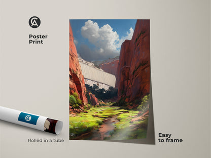 A poster print of the red canyon dam landscape is rolled in a tube. The nature artwork is easy to frame. This contemporary piece brings an outdoor adventure vibe indoors. It's a unique travel wall art gift.