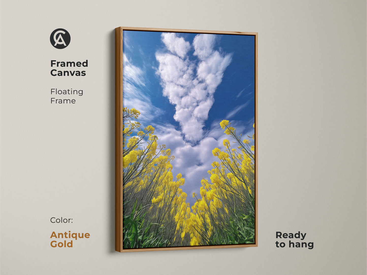 Framed canvas in antique gold. Showcases yellow canola field artwork. The floating frame adds elegance. Blue sky and clouds create a serene scene. Ready to hang this nature landscape artwork brings natural beauty to any room.