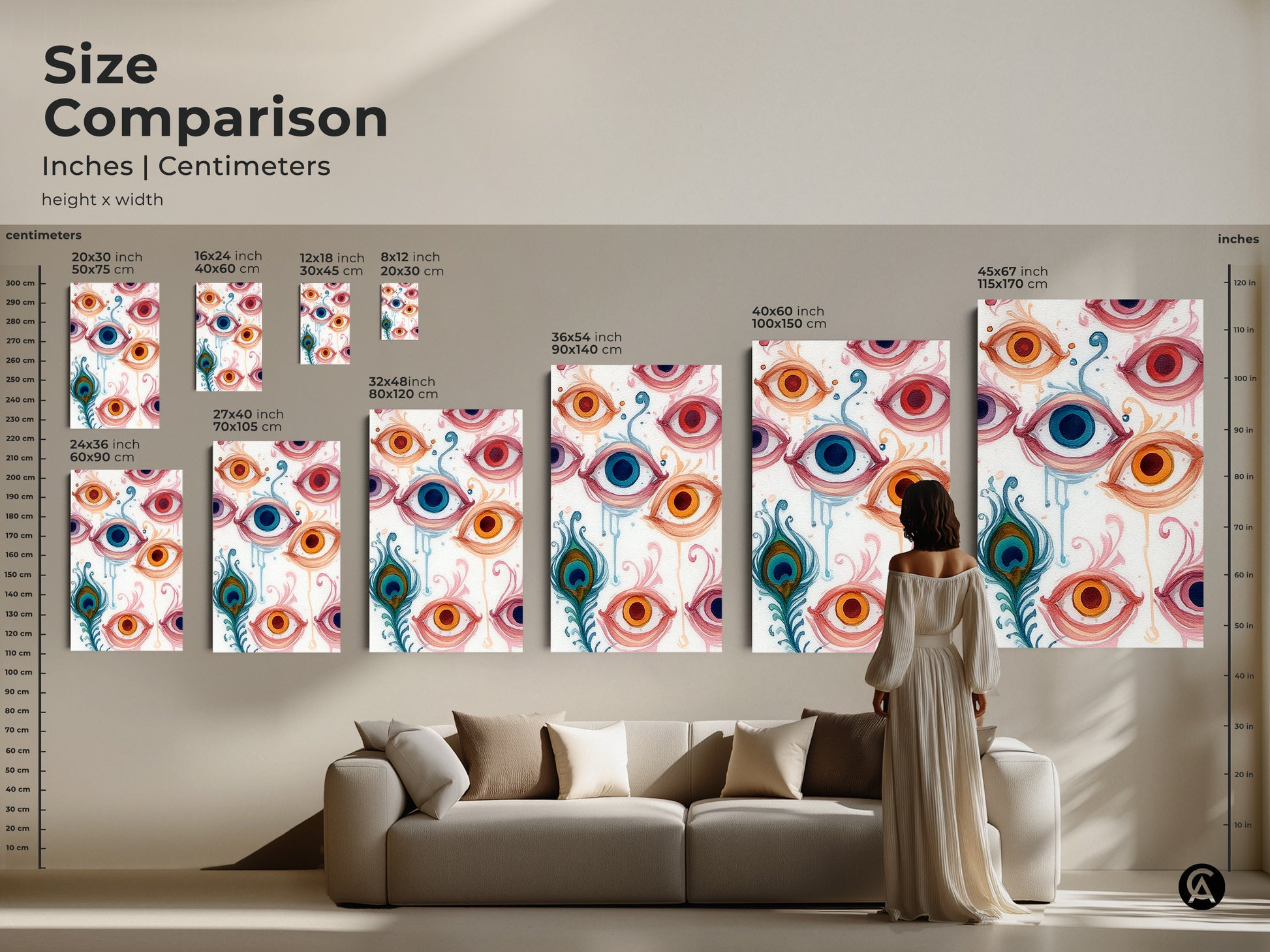 Size comparison view for Abstract Eye canvas artwork. The Peacock Feather print is a great fit above any couch. See how the floral swirls complement a bohemian living room. A unique home decor piece.