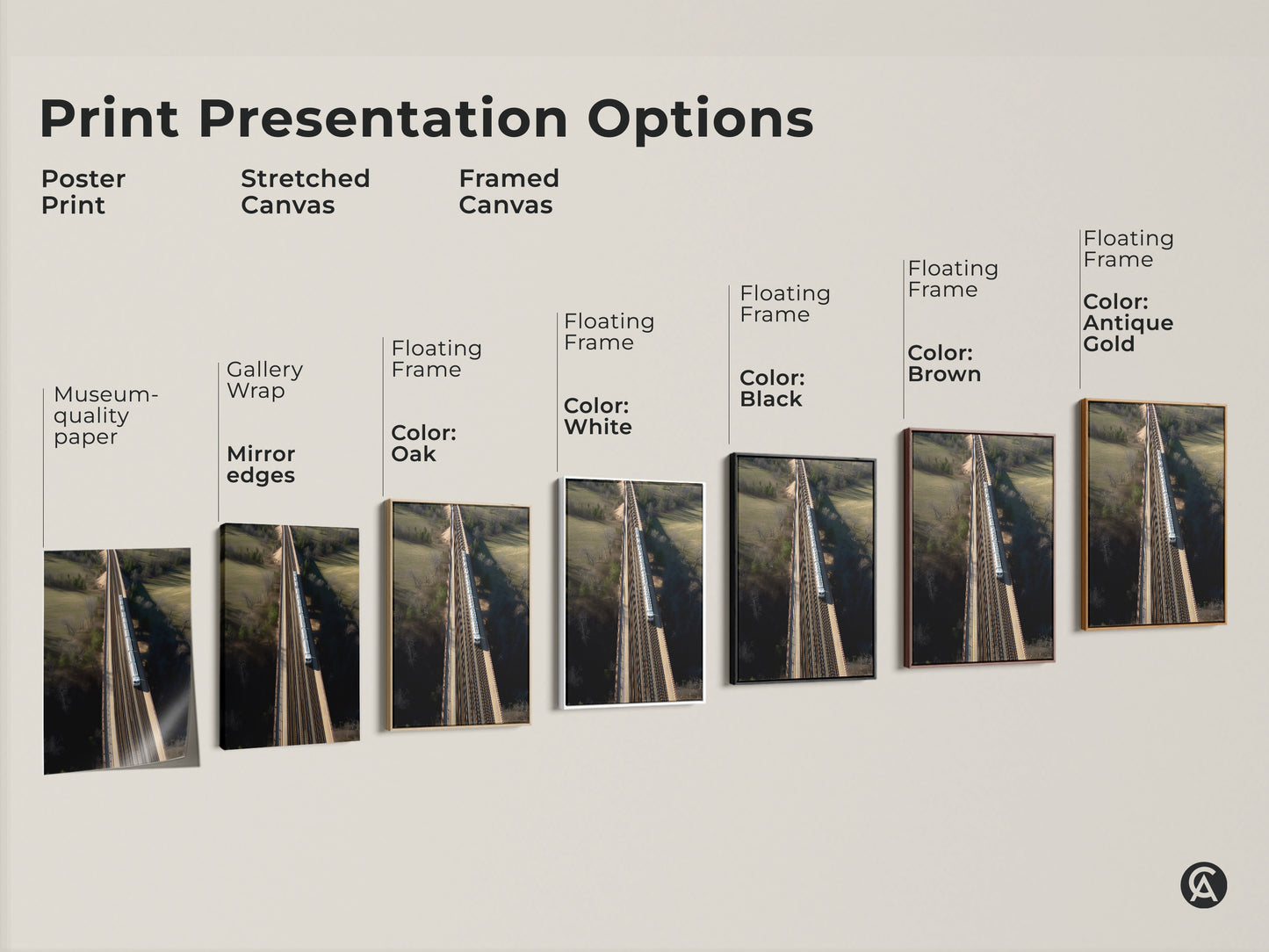 Explore print presentation options with this modern wall art. Choose from a poster print a stretched canvas or a framed canvas. Each features a realistic aerial train bridge landscape. Select the perfect style to enhance your home decor.