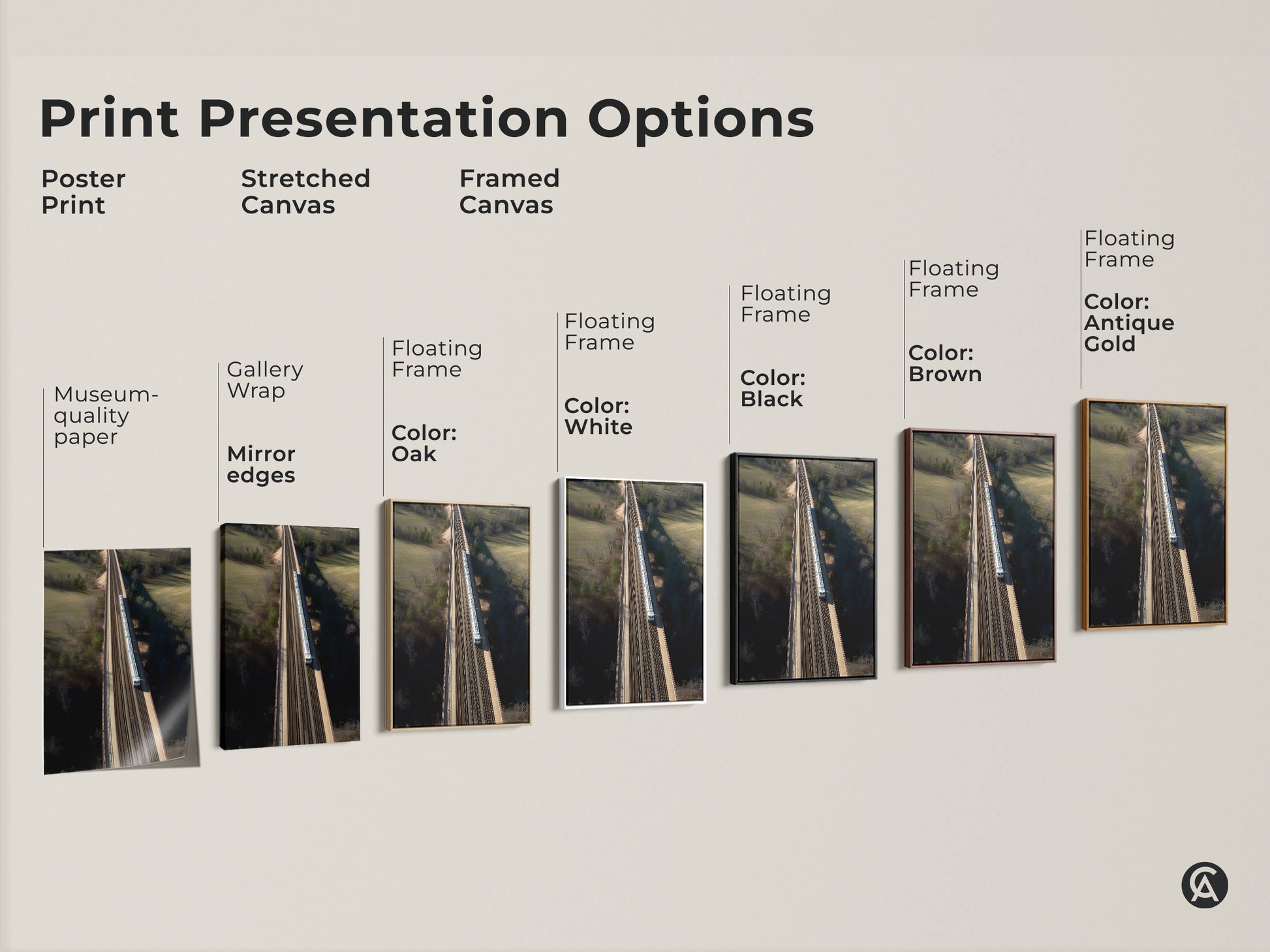 Explore print presentation options with this modern wall art. Choose from a poster print a stretched canvas or a framed canvas. Each features a realistic aerial train bridge landscape. Select the perfect style to enhance your home decor.