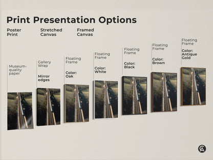 Explore print presentation options with this modern wall art. Choose from a poster print a stretched canvas or a framed canvas. Each features a realistic aerial train bridge landscape. Select the perfect style to enhance your home decor.