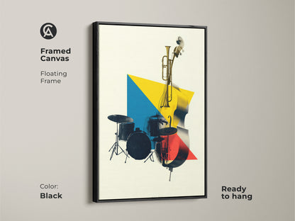 Black framed canvas floating frame of geometric music artwork. The abstract double bass and trumpet is a modern decor piece. Ready to hang with yellow blue and red accents for music lovers.