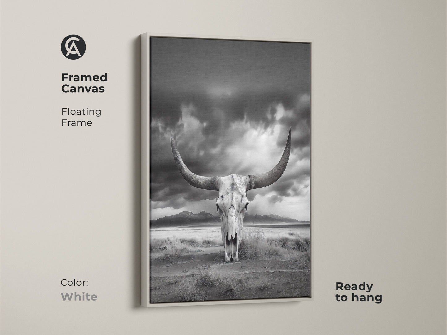 Framed canvas showcasing a longhorn skull against a desert backdrop. This white framed art offers a minimalist western decor piece. The monochrome animal skull artwork is ready to hang. This unique wall hanging is perfect for a man cave. The ethereal desert landscape is captivating.