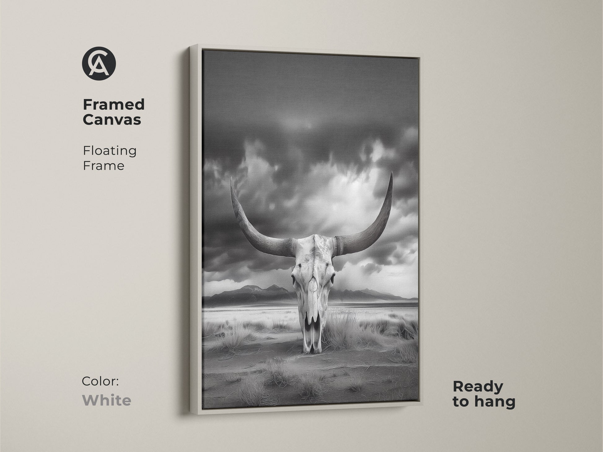 Framed canvas showcasing a longhorn skull against a desert backdrop. This white framed art offers a minimalist western decor piece. The monochrome animal skull artwork is ready to hang. This unique wall hanging is perfect for a man cave. The ethereal desert landscape is captivating.