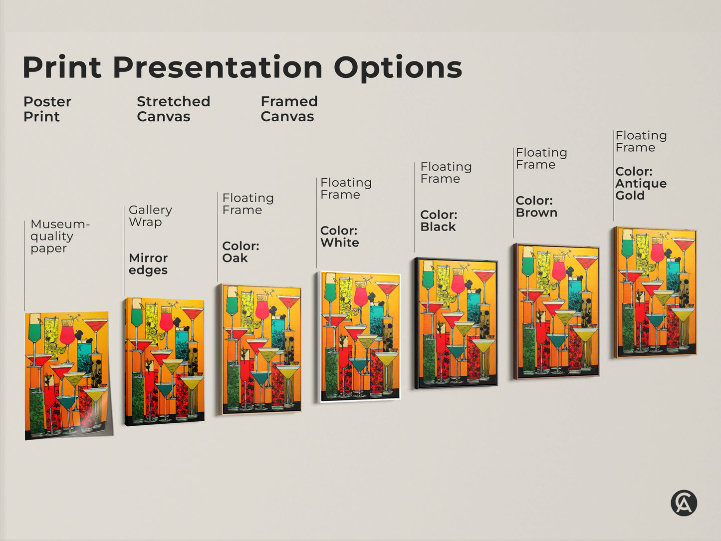 Explore the print presentation options for retro cocktail artwork. Options include a poster print stretched canvas and framed canvas. Each features gallery wrap mirror edges and floating frames in various colors. Find the perfect modern folk style drink art for your home.