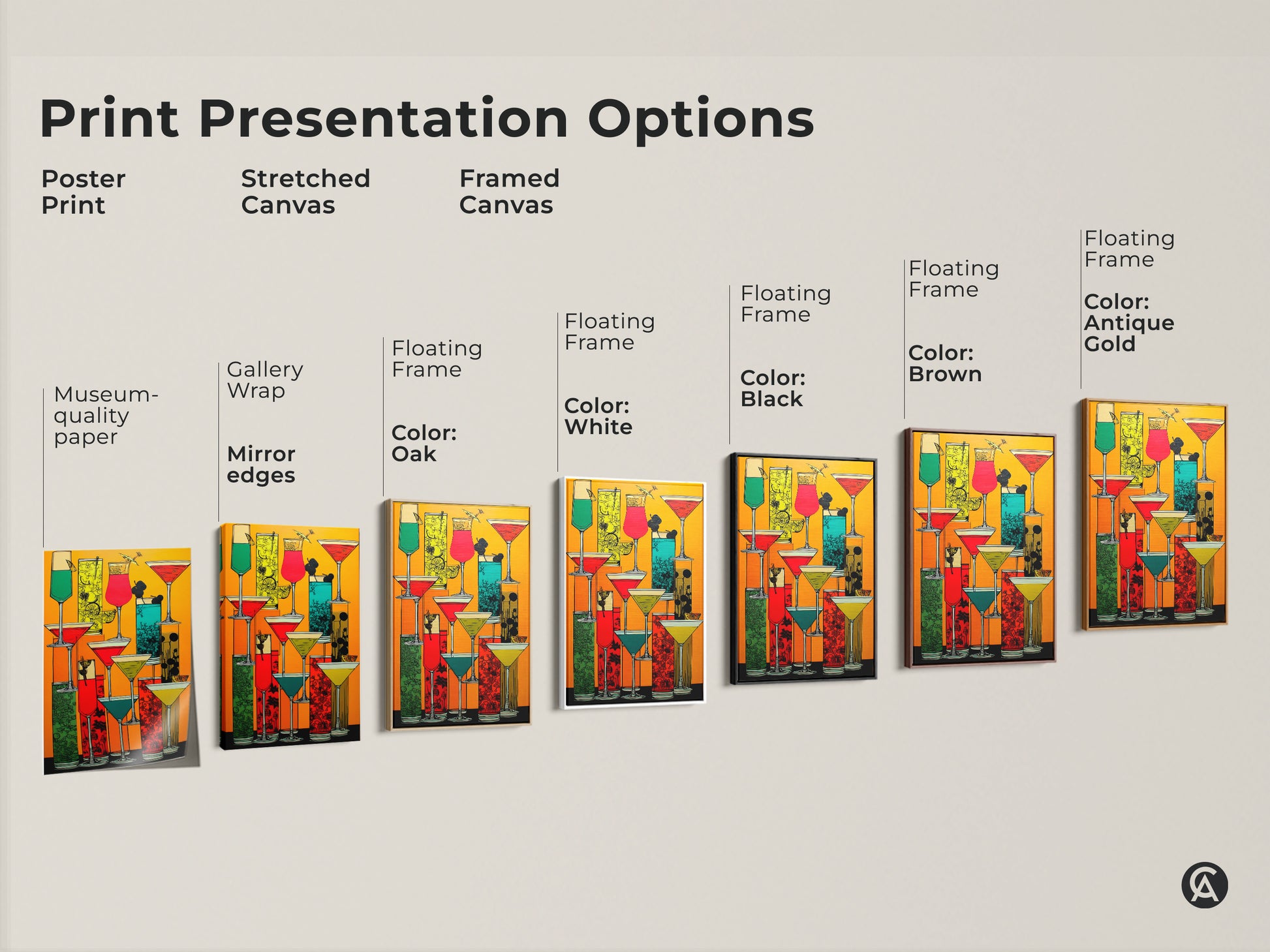 Explore the print presentation options for retro cocktail artwork. Options include a poster print stretched canvas and framed canvas. Each features gallery wrap mirror edges and floating frames in various colors. Find the perfect modern folk style drink art for your home.