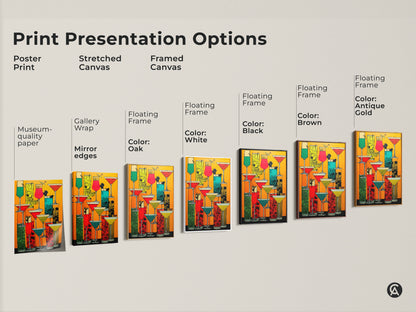 Explore the print presentation options for retro cocktail artwork. Options include a poster print stretched canvas and framed canvas. Each features gallery wrap mirror edges and floating frames in various colors. Find the perfect modern folk style drink art for your home.
