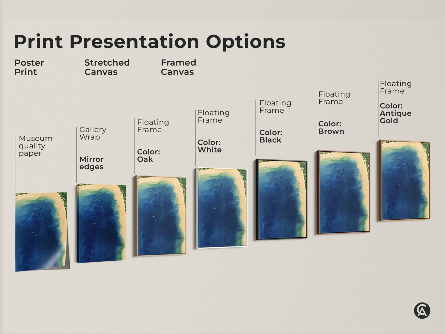 Print presentation options for abstract coastal art. Options include poster print stretched canvas and framed canvas. Floating frame colors are white black brown antique gold and oak. Museum-quality paper and gallery wrap options are available.