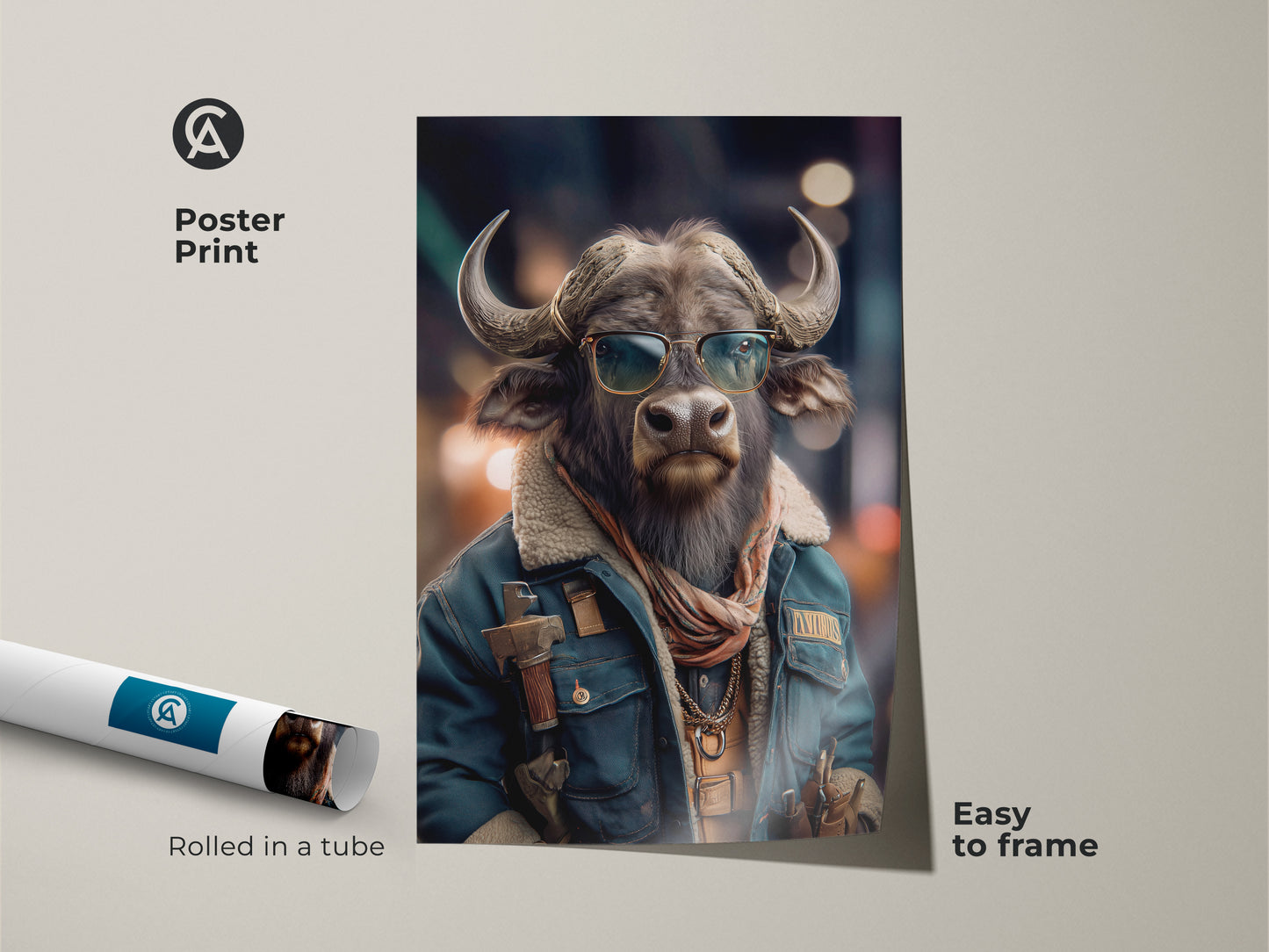 Add a fun vibe to your wall with this Buffalo with Sunglasses Print. This Eclectic Animal Portrait Art is perfect for an office. A unique gift for Animal Lovers. Rolled in a tube this artistic Buffalo poster is easy to frame. The Animal Face Sunglasses Art makes a statement.